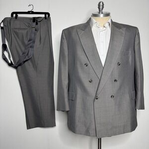Vtg Double Breast Suit Men's 50R Brown Wide Peak Lapel Two-Piece Suit 42W Check